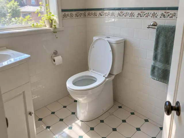 Clean white toilet in a tiled bathroom with window light and towel rail in Five Dock