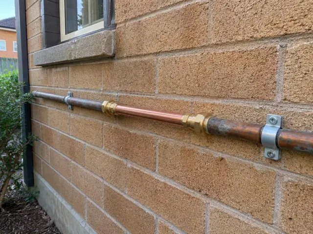 Repaired copper water pipe on a brick house exterior wall in Haberfield